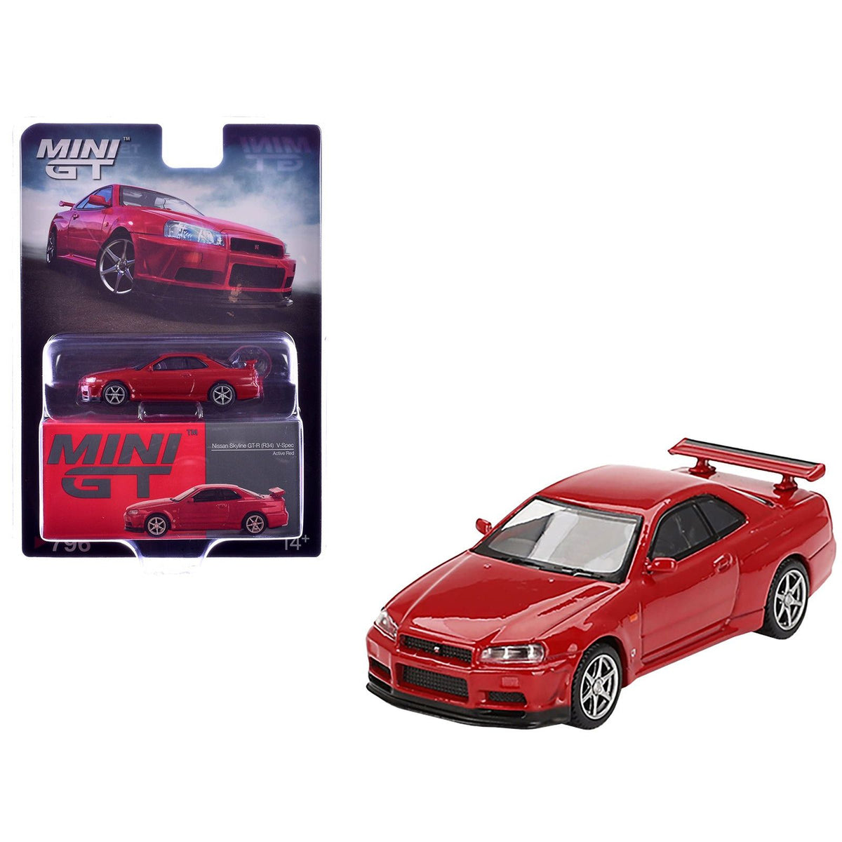 Nissan Skyline GT - R (R34) V - Spec RHD (Right Hand Drive) Active Red Limited Edition 1/64 Diecast Model Car by Mini GT - Mini GT - ModelCars.com