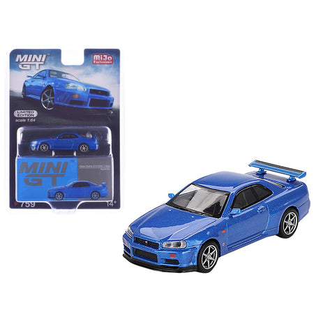 Nissan Skyline GT-R (R34) V-Spec RHD (Right Hand Drive) Bayside Blue Metallic Limited Edition 1/64 Diecast Model Car by Mini GT-Mini GT-ModelCars.com