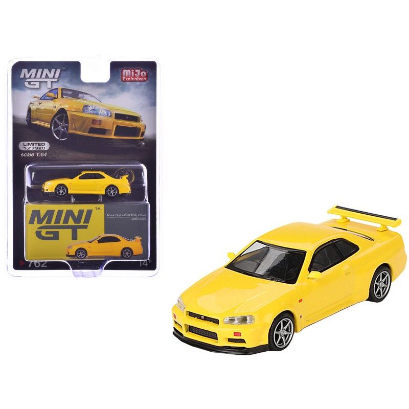 Nissan Skyline GT - R (R34) V - Spec RHD (Right Hand Drive) Lightning Yellow Limited Edition to 7920 pieces Worldwide 1/64 Diecast Model Car by Mini GT - Mini GT - ModelCars.com