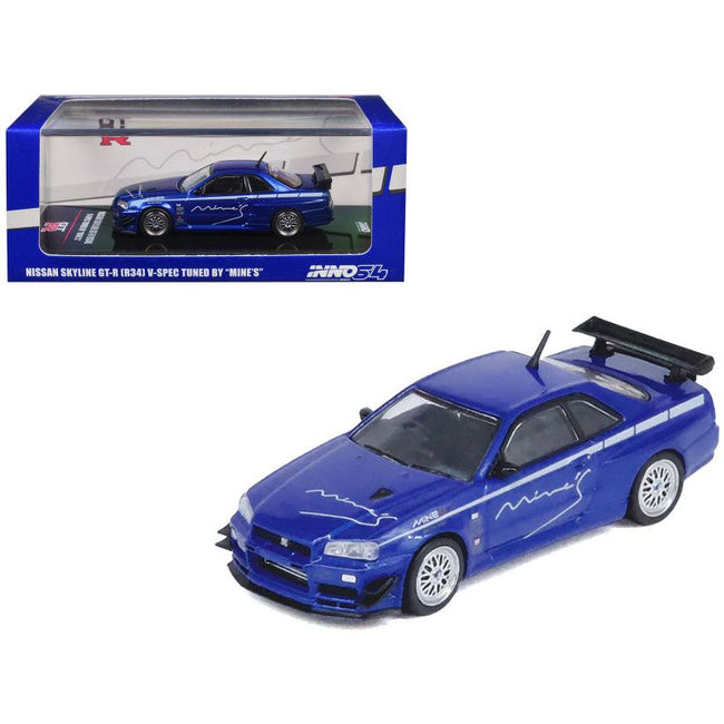 Nissan Skyline GT-R (R34) V-SPEC RHD (Right Hand Drive) "Tuned by Mine's" Blue Metallic 1/64 Diecast Model Car by Inno Models-Inno Models-ModelCars.com