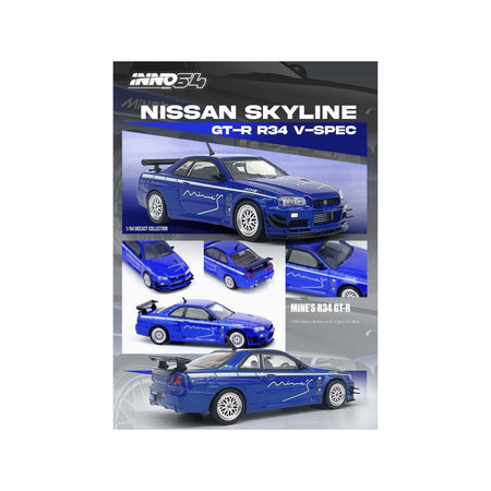 Nissan Skyline GT - R (R34) V - SPEC RHD (Right Hand Drive) "Tuned by Mine's" Blue Metallic 1/64 Diecast Model Car by Inno Models - Inno Models - ModelCars.com