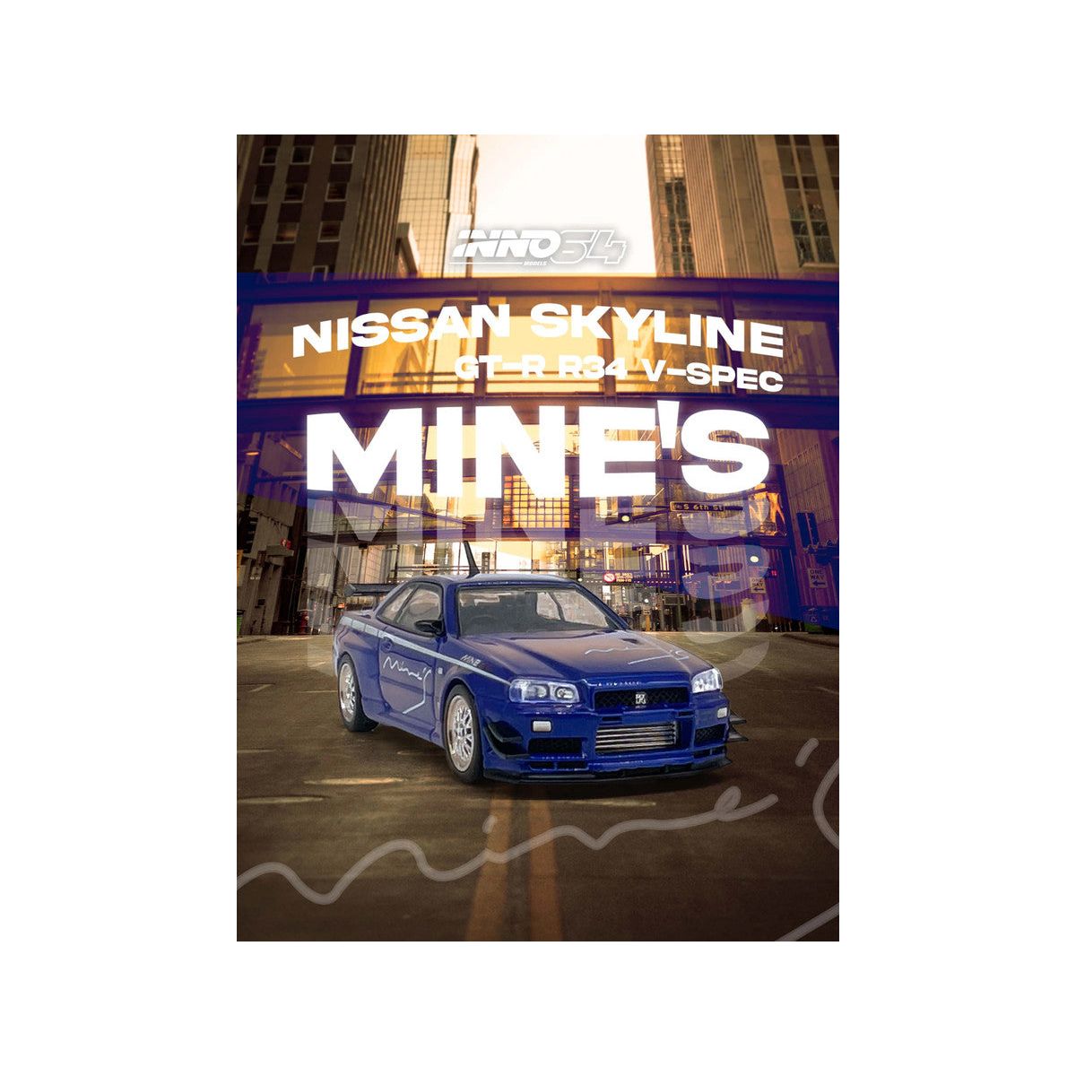 Nissan Skyline GT - R (R34) V - SPEC RHD (Right Hand Drive) "Tuned by Mine's" Blue Metallic 1/64 Diecast Model Car by Inno Models - Inno Models - ModelCars.com