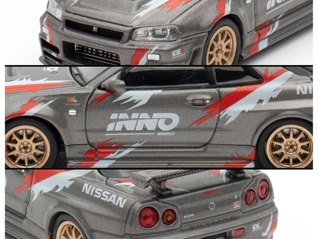 Nissan Skyline GT-R (R34) Z-Tune RHD (Right Hand Drive) Gray Metallic with Graphics "Indonesia Diecast Expo 2024 Exclusive Edition" 1/64 Diecast Model Car by Inno Models-Inno Models-ModelCars.com