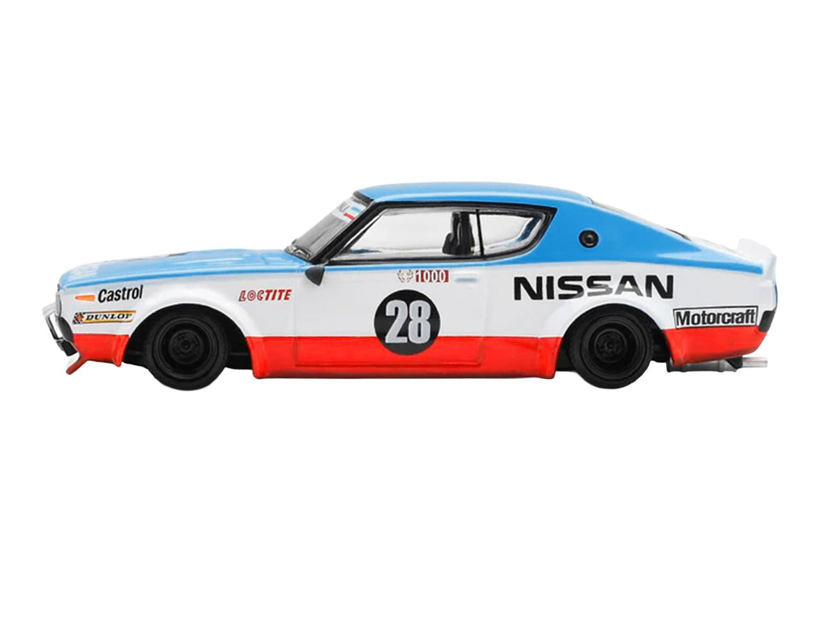Nissan Skyline Kenmeri RHD (Right Hand Drive) 28 "Liberty Walk - Nissan Racing 1975 Concept" Blue and White with Red Stripes Limited Edition 1/64 Diecast Model Car by Mini GT-Mini GT-ModelCars.com
