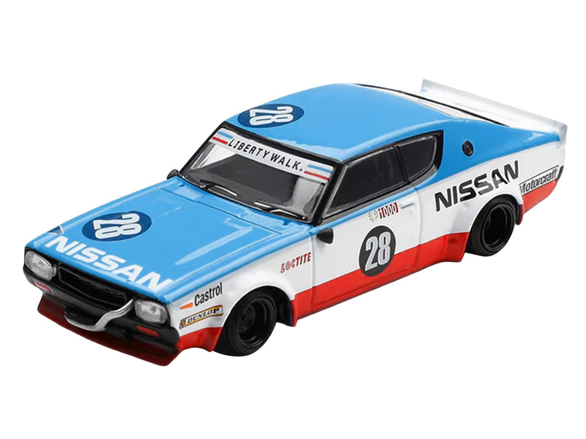 Nissan Skyline Kenmeri RHD (Right Hand Drive) 28 "Liberty Walk - Nissan Racing 1975 Concept" Blue and White with Red Stripes Limited Edition 1/64 Diecast Model Car by Mini GT-Mini GT-ModelCars.com