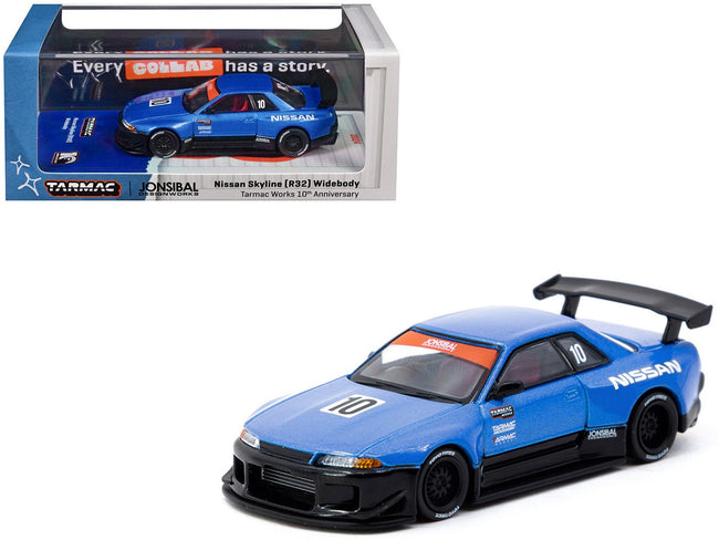 Nissan Skyline (R32) Widebody RHD (Right Hand Drive) #10 "Tarmac Works 10th Anniversary" Blue Metallic "Global64" 1/64 Diecast Model Car by Tarmac Works-Tarmac Works-ModelCars.com
