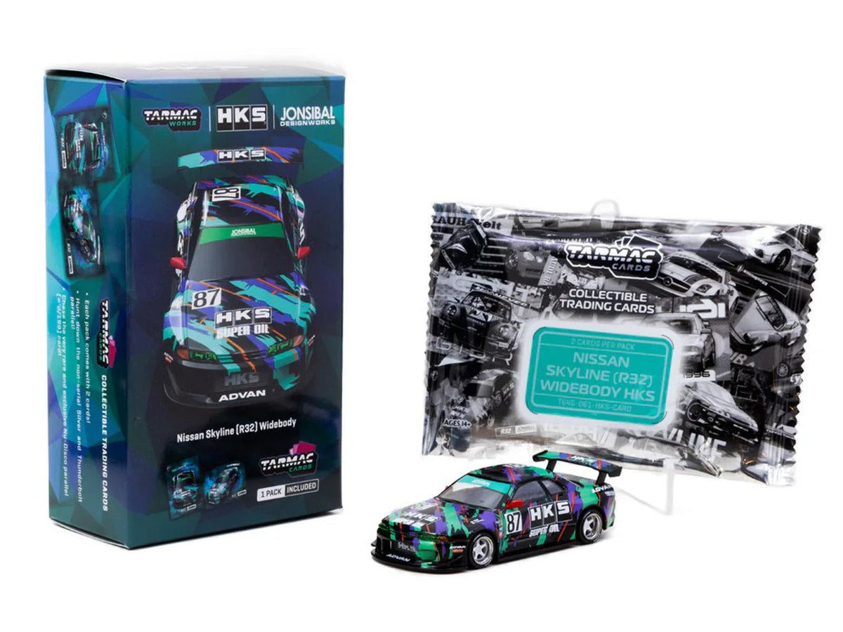 Nissan Skyline (R32) Widebody RHD (Right Hand Drive) 87 "HKS - Designed by Jon Sibal" Black with Graphics with Tarmac Cards "Global64" Series 1/64 Diecast Model Car by Tarmac Works-Tarmac Works-ModelCars.com