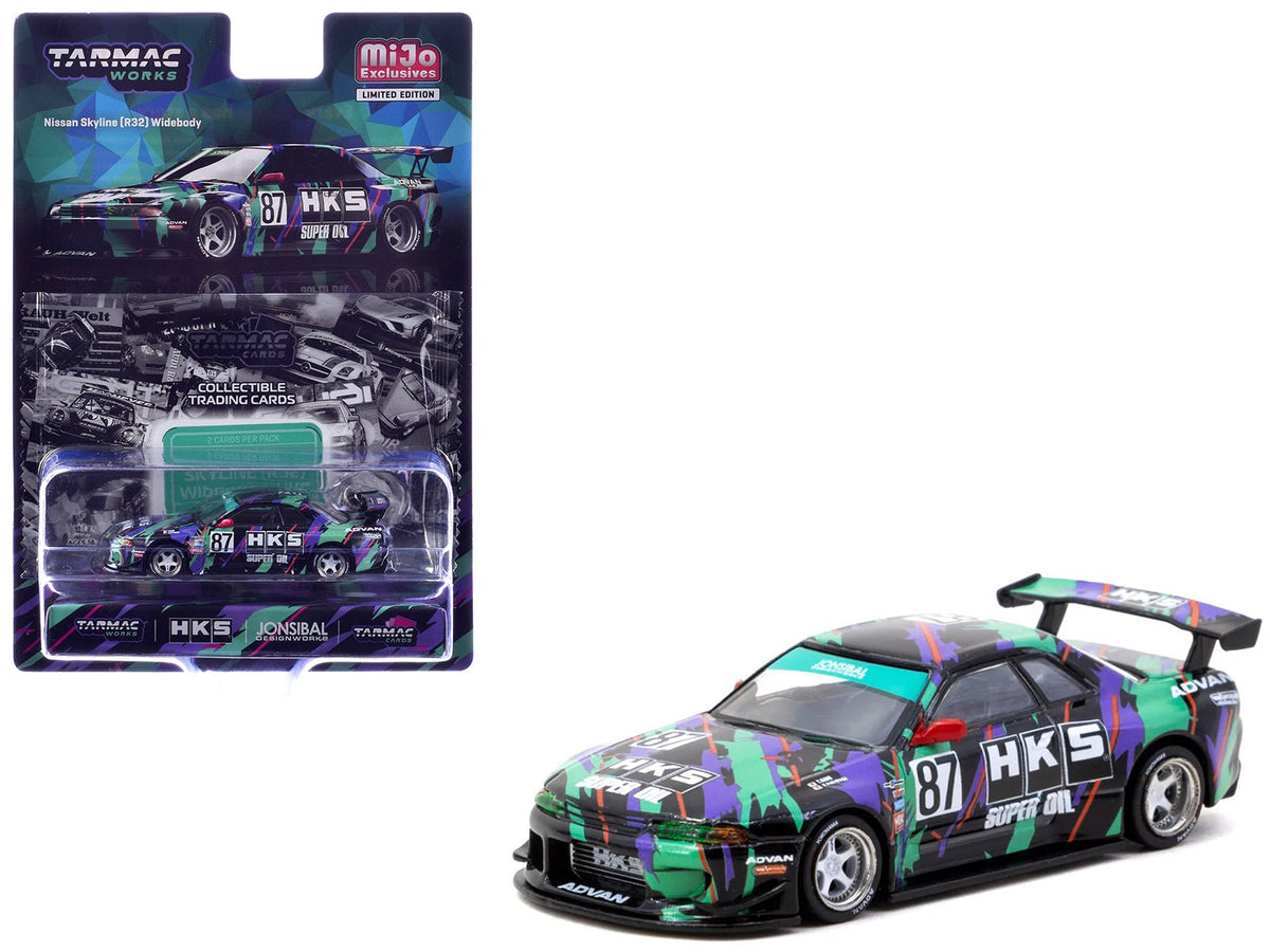 Nissan Skyline (R32) Widebody RHD (Right Hand Drive) 87 "HKS - Designed by Jon Sibal" Black with Graphics with Tarmac Cards "Global64" Series 1/64 Diecast Model Car by Tarmac Works-Tarmac Works-ModelCars.com