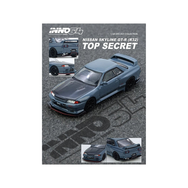 Nissan Skyline "Top Secret" GT-R (R32) RHD (Right Hand Drive) Stealth Gray with Carbon Hood 1/64 Diecast Model Car by Inno Models-Inno Models-ModelCars.com