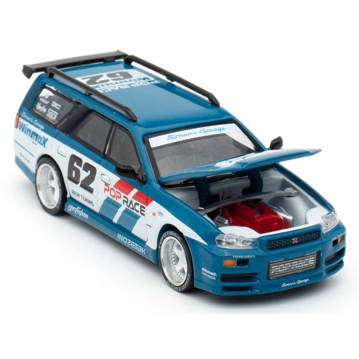 Nissan Stagea RHD (Right Hand Drive) #62 "Simon's Garage" Blue with White Sides 1/64 Diecast Model Car by Pop Race-Pop Race-ModelCars.com