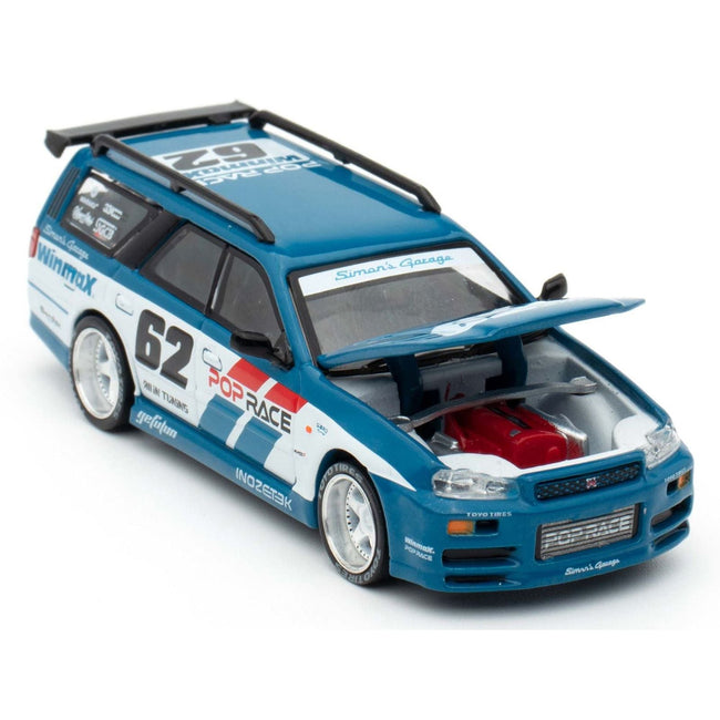 Nissan Stagea RHD (Right Hand Drive) #62 "Simon's Garage" Blue with White Sides 1/64 Diecast Model Car by Pop Race-Pop Race-ModelCars.com