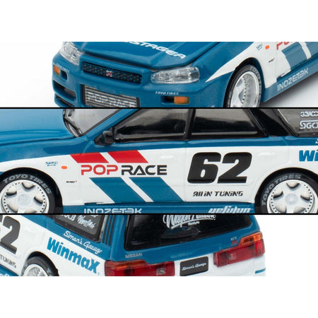 Nissan Stagea RHD (Right Hand Drive) #62 "Simon's Garage" Blue with White Sides 1/64 Diecast Model Car by Pop Race-Pop Race-ModelCars.com