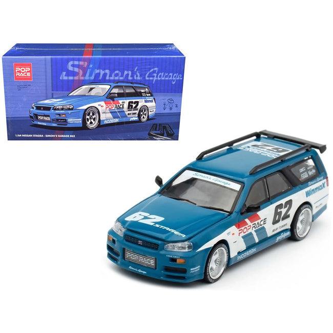 Nissan Stagea RHD (Right Hand Drive) #62 "Simon's Garage" Blue with White Sides 1/64 Diecast Model Car by Pop Race-Pop Race-ModelCars.com