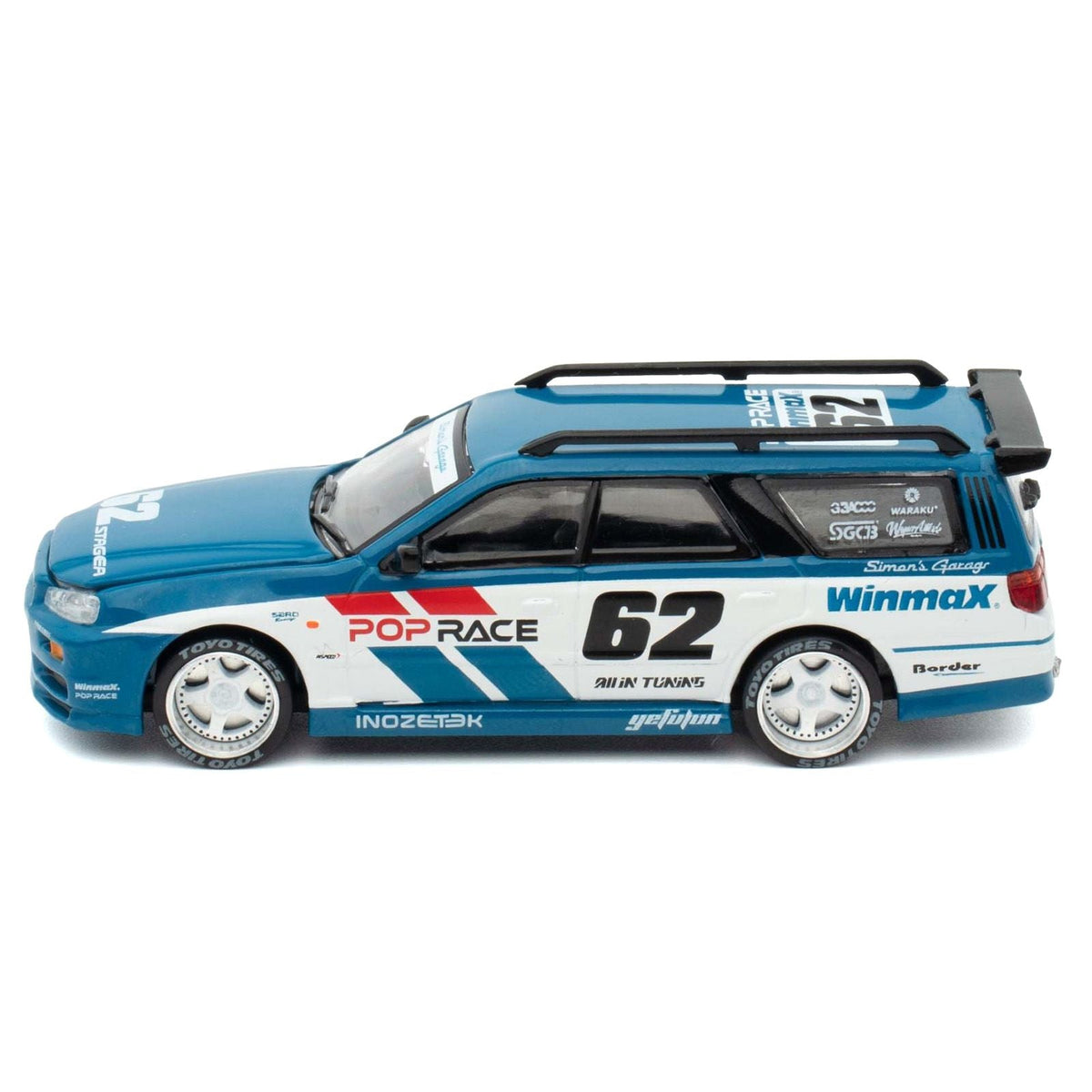 Nissan Stagea RHD (Right Hand Drive) #62 "Simon's Garage" Blue with White Sides 1/64 Diecast Model Car by Pop Race-Pop Race-ModelCars.com