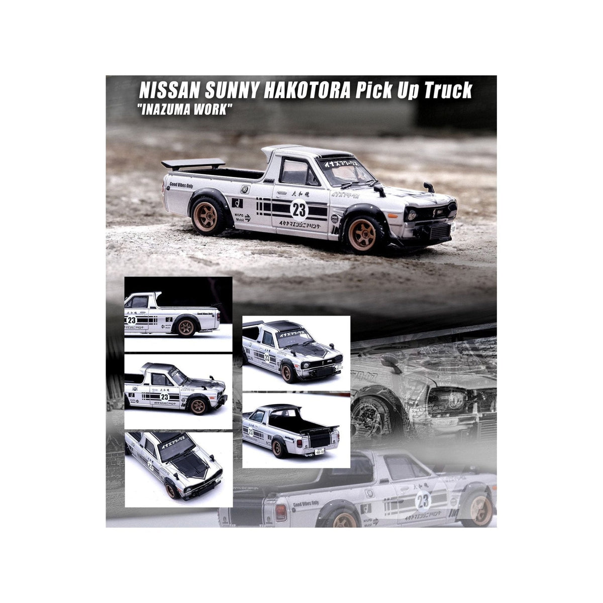 Nissan Sunny Hakotora Pickup Truck RHD (Right Hand Drive) 23 Silver Metallic with Black Graphics "Inazuma Work" 1/64 Diecast Model Car by Inno Models-Inno Models-ModelCars.com
