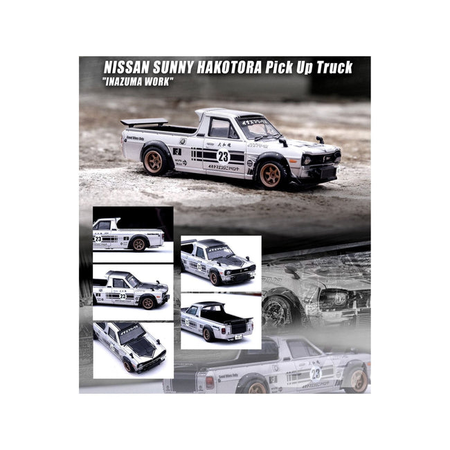Nissan Sunny Hakotora Pickup Truck RHD (Right Hand Drive) 23 Silver Metallic with Black Graphics "Inazuma Work" 1/64 Diecast Model Car by Inno Models-Inno Models-ModelCars.com