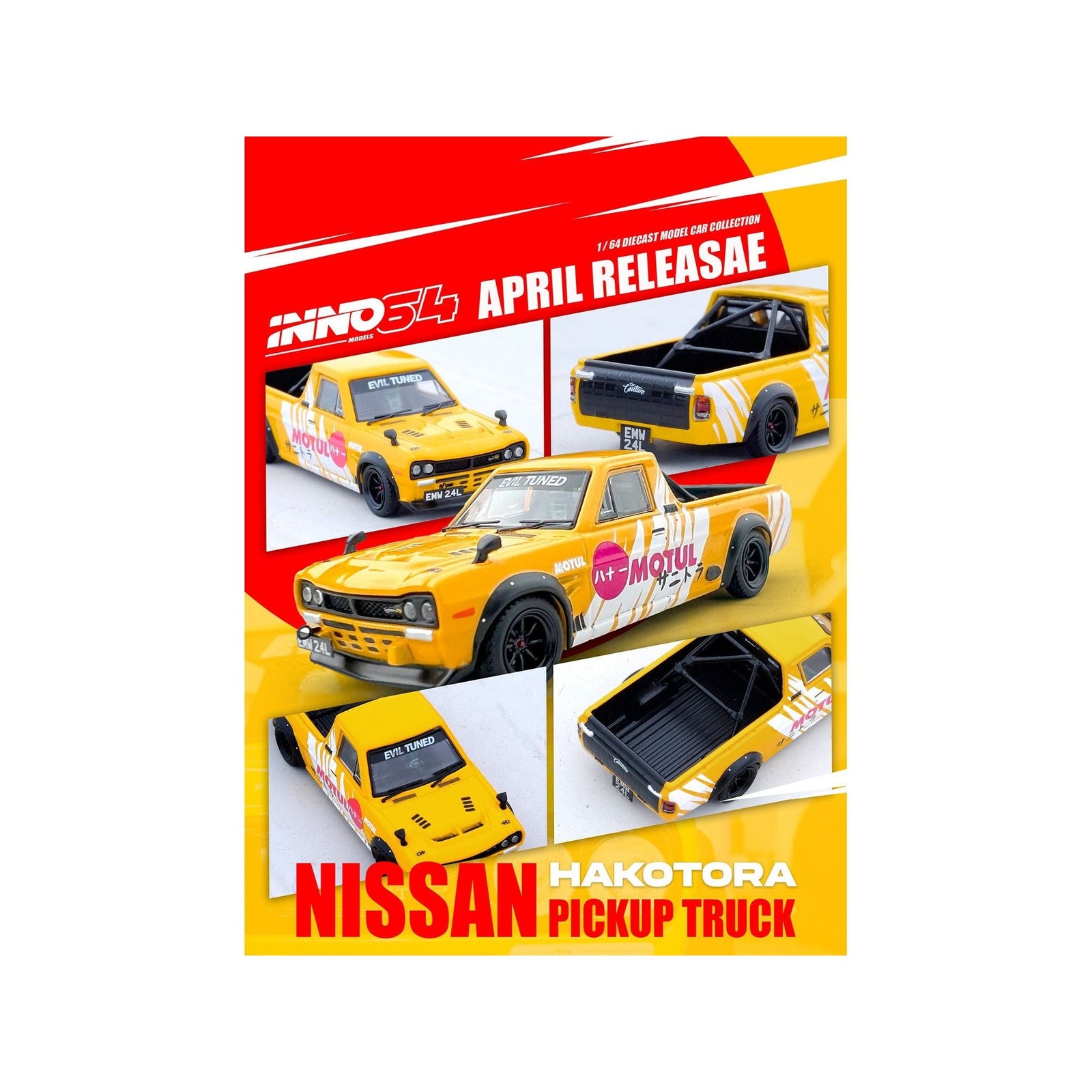 Nissan Sunny "Hakotora" Pickup Truck RHD (Right Hand Drive) "Motul" Yellow with White Stripes 1/64 Diecast Model Car by Inno Models - Inno Models - ModelCars.com