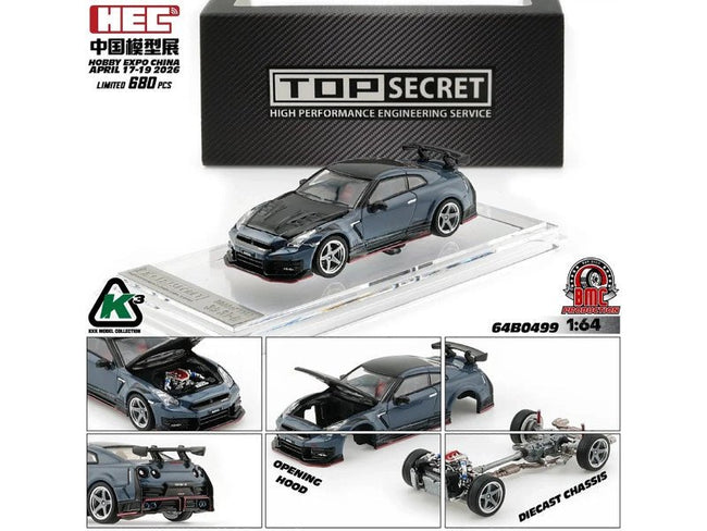 Nissan "Top Secret" GT-R (R35) RHD (Right Hand Drive) Stealth Gray with Carbon Hood and Top "Hobby Expo China 2026" 1/64 Diecast Model Car by BM Creations-BM Creations-ModelCars.com