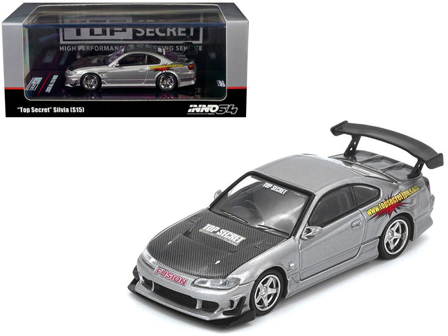 Nissan "Top Secret" Silvia (S15) RHD (Right Hand Drive) Silver Metallic with Carbon Hood 1/64 Diecast Model Car by Inno Models-Inno Models-ModelCars.com