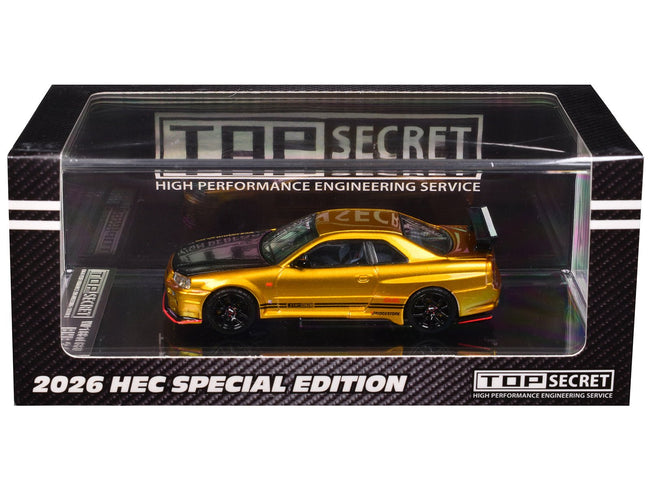Nissan "Top Secret" Skyline GT-R (BNR34) RHD (Right Hand Drive) Gold Metallic with Carbon Hood "Hobby Expo China 2026" 1/64 Diecast Model Car by BM Creations-BM Creations-ModelCars.com