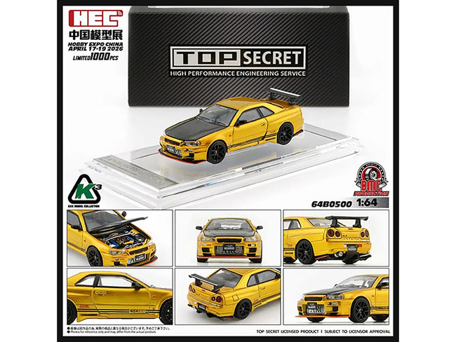 Nissan "Top Secret" Skyline GT-R (BNR34) RHD (Right Hand Drive) Gold Metallic with Carbon Hood "Hobby Expo China 2026" 1/64 Diecast Model Car by BM Creations-BM Creations-ModelCars.com