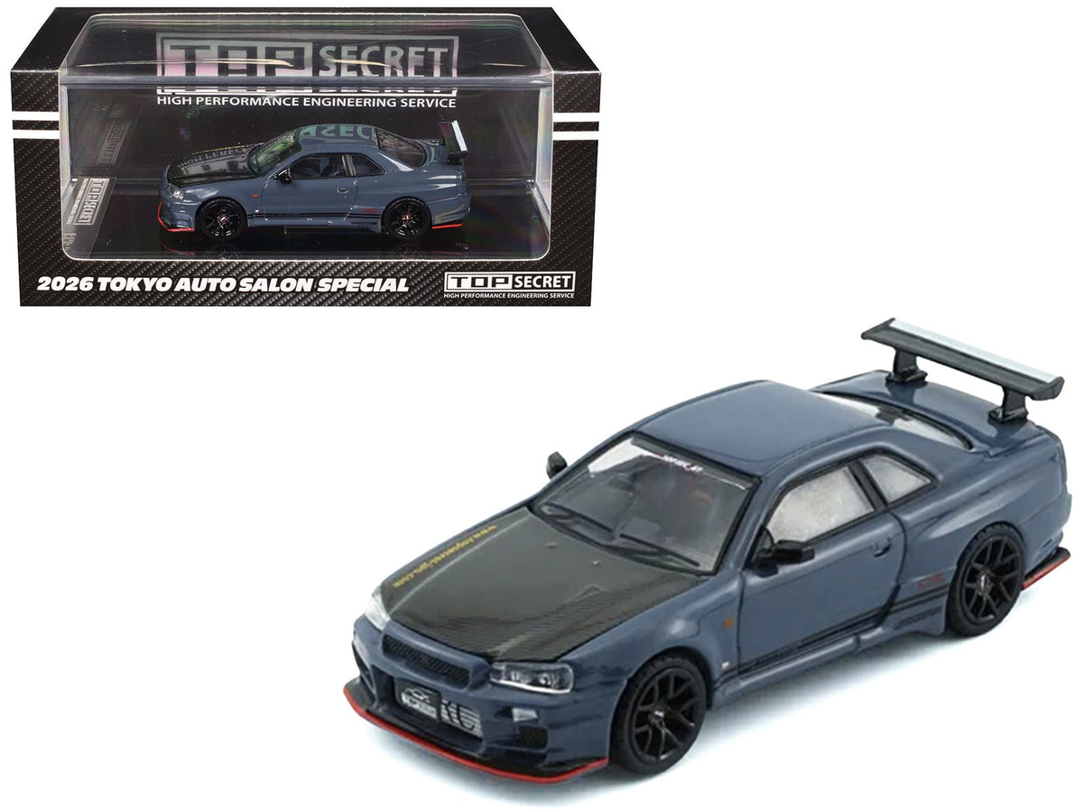 Nissan "Top Secret" Skyline GT-R (BNR34) RHD (Right Hand Drive) Stealth Gray with Carbon Hood "Tokyo Auto Salon 2026" 1/64 Diecast Model Car by BM Creations-BM Creations-ModelCars.com