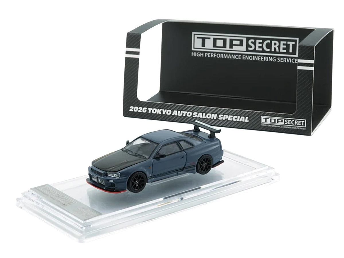 Nissan "Top Secret" Skyline GT-R (BNR34) RHD (Right Hand Drive) Stealth Gray with Carbon Hood "Tokyo Auto Salon 2026" 1/64 Diecast Model Car by BM Creations-BM Creations-ModelCars.com