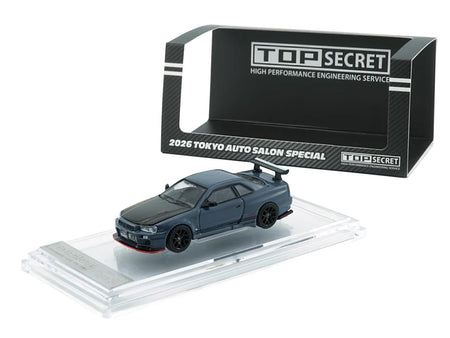 Nissan "Top Secret" Skyline GT-R (BNR34) RHD (Right Hand Drive) Stealth Gray with Carbon Hood "Tokyo Auto Salon 2026" 1/64 Diecast Model Car by BM Creations-BM Creations-ModelCars.com