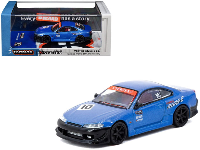 Nissan Vertex Silvia (S15) RHD (Right Hand Drive) #10 "Tarmac Works 10th Anniversary" Blue Metallic "Global64" 1/64 Diecast Model Car by Tarmac Works-Tarmac Works-ModelCars.com