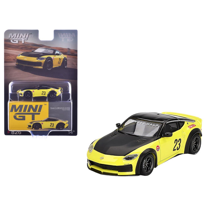 Nissan Z "LB-Nation Works" #23 Ikazuchi Yellow with Black Hood and Top Limited Edition 1/64 Diecast Model Car by Mini GT-Mini GT-ModelCars.com