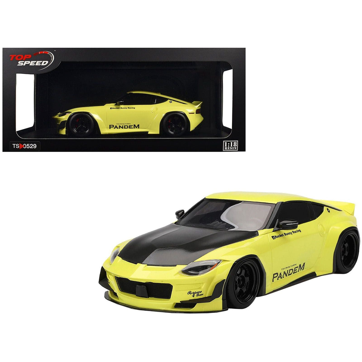 Nissan Z (RZ34) "Pandem" Ikazuchi Yellow with Matt Black Hood 1/18 Model Car by Top Speed-Top Speed-ModelCars.com