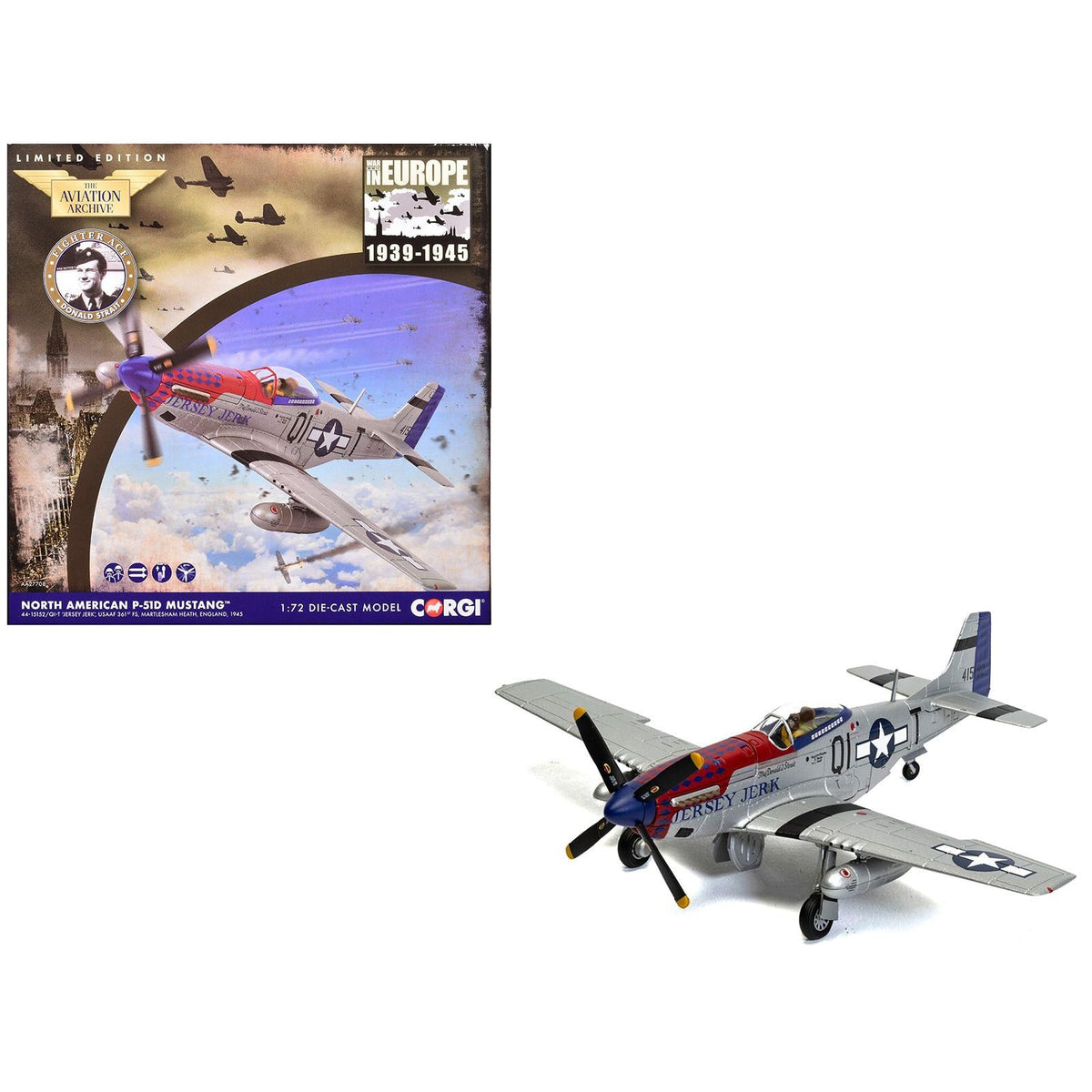 North American P - 51D Mustang Aircraft "Jersey Jerk 361st Fighter Squadron Martlesham Heath" United States Army Air Forces "The Aviation Archive" Series 1/72 Diecast Model by Corgi - Corgi - ModelCars.com