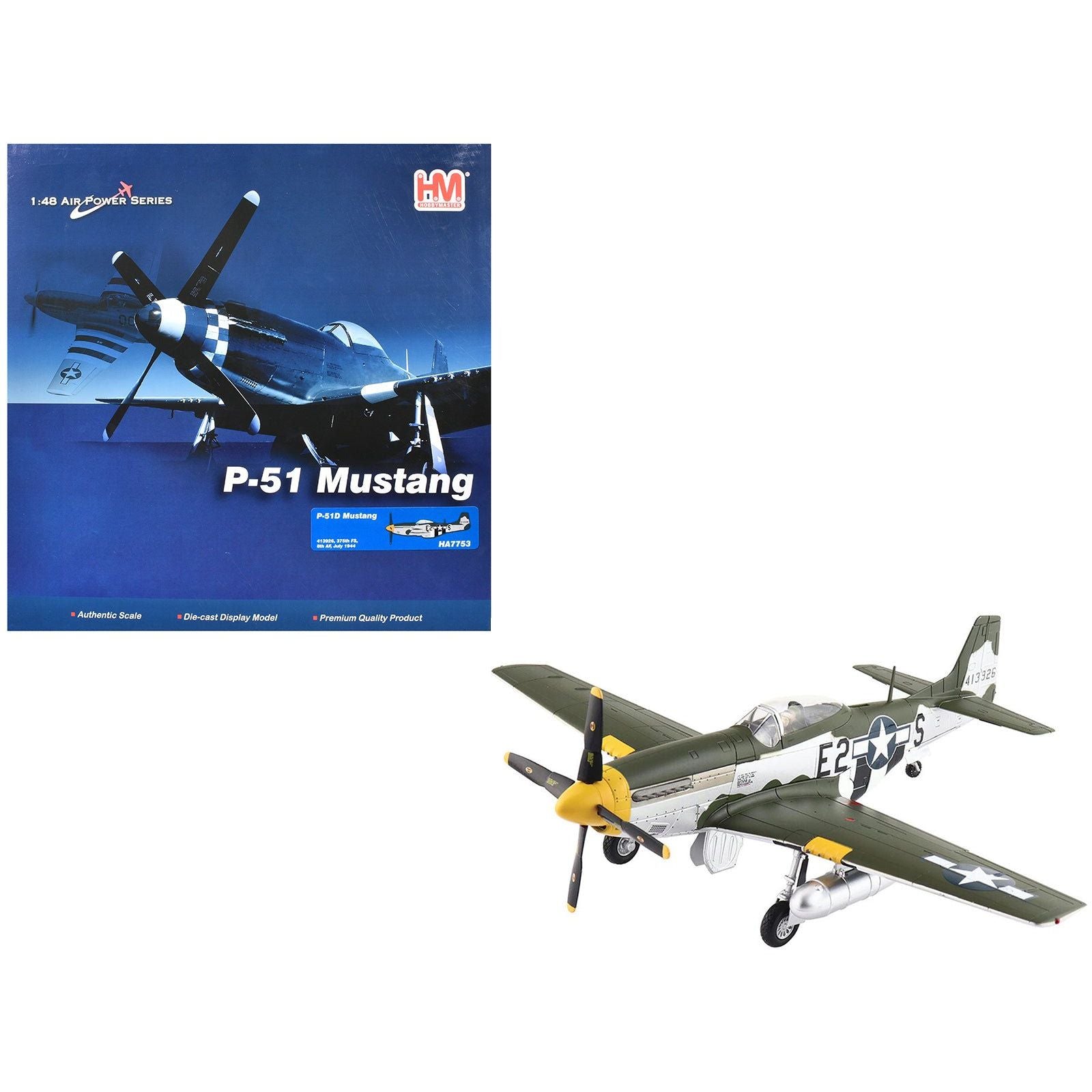 North American P - 51D Mustang Fighter Aircraft "413926 375th Fighter Squadron 8th Air Force" (1944) United States Army Air Forces "Air Power Series" 1/48 Diecast Model by Hobby Master - Hobby Master - ModelCars.com