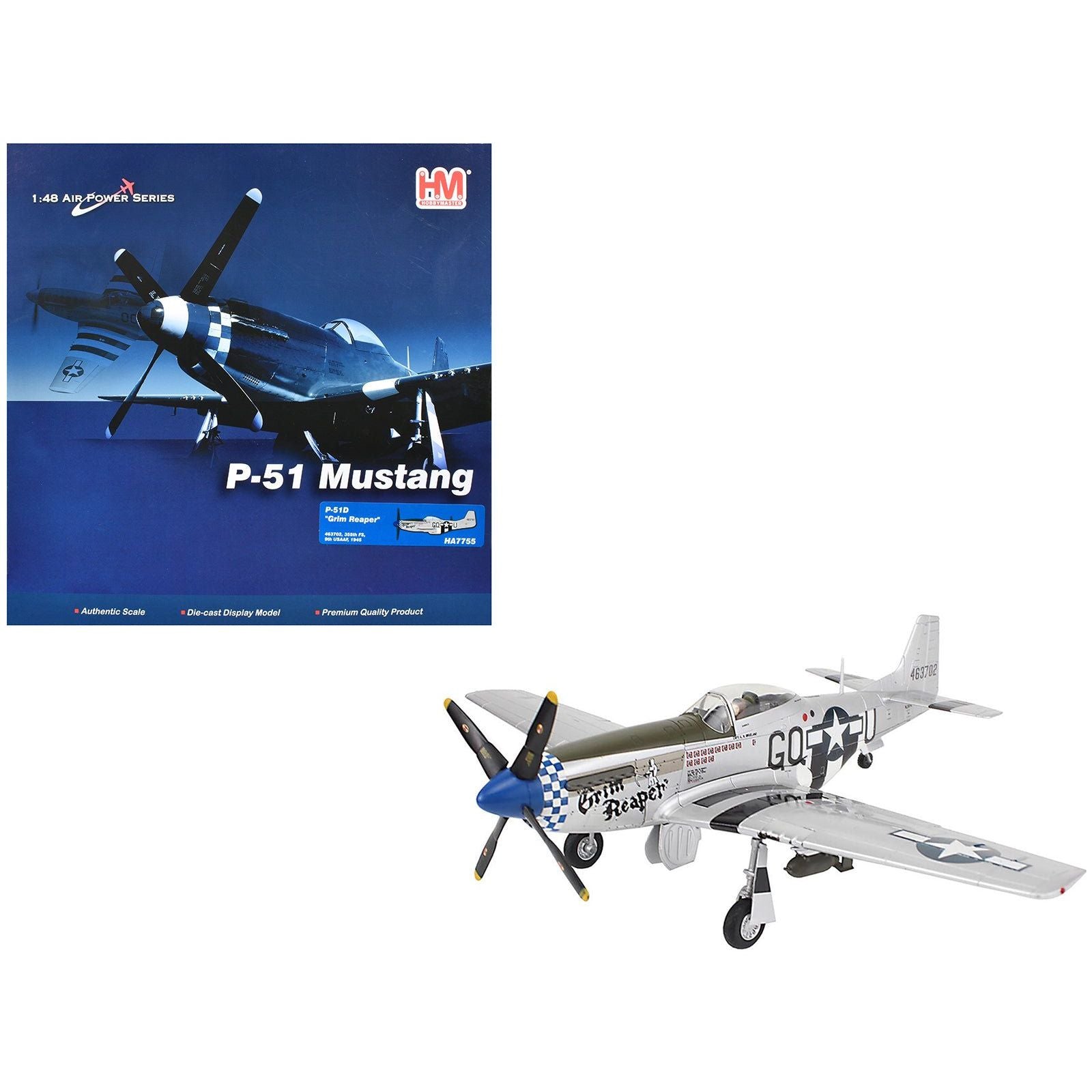 North American P - 51D Mustang Fighter Aircraft "463702 Grim Reaper 355th Fighter Squadron 9th U.S. Army Air Force" (1945) United States Army Air Forces "Air Power Series" 1/48 Diecast Model by Hobby Master - Hobby Master - ModelCars.com