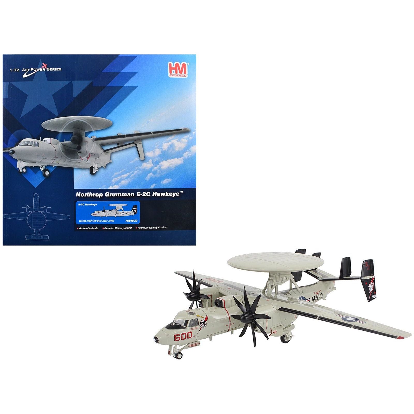 Northrop Grumman E - 2C Hawkeye Aircraft "165300 VAW - 124 Bear Aces" (2009) United States Navy "Air Power Series" 1/72 Diecast Model by Hobby Master - Hobby Master - ModelCars.com