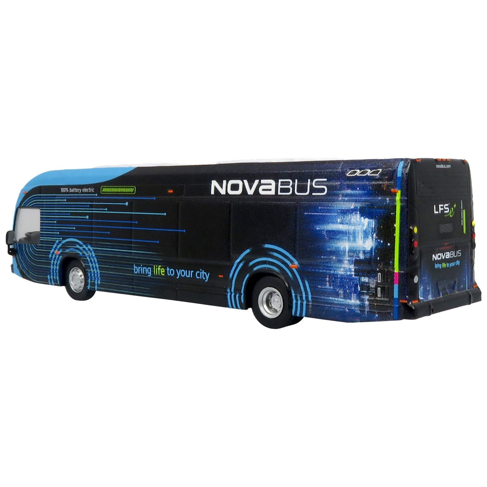 Nova Bus LFSe Electric Transit Bus "Bring Life to Your City" Black and Blue with Graphics 1/87 (HO) Diecast Model by Iconic Replicas - Iconic Replicas - ModelCars.com