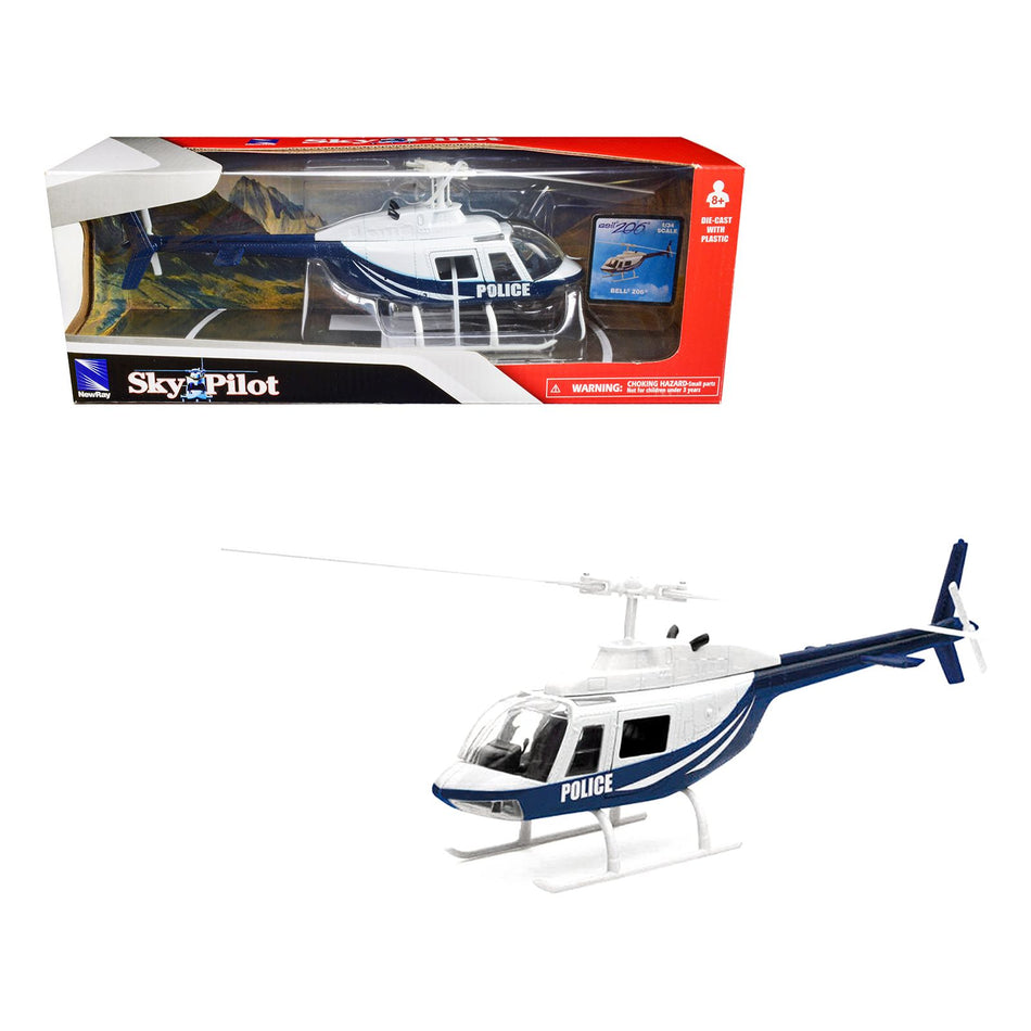 Bell 206 Helicopter Dark Blue and White "Police" "Sky Pilot" Series 1/34 Diecast Model by New Ray