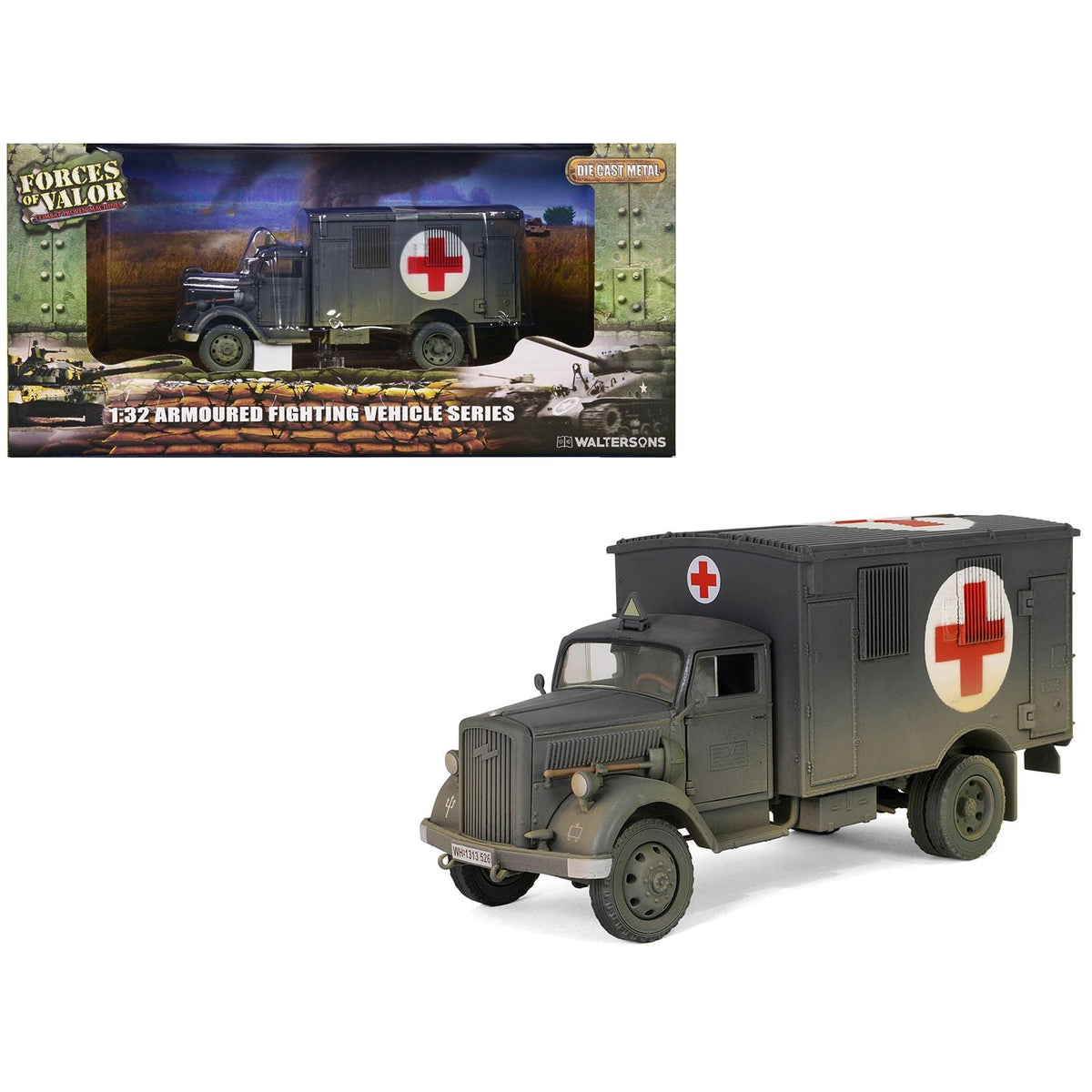 Opel-Blitz Kfz.305 Ambulance Gray (Weathered) "German Army" "Armoured Fighting Vehicle" Series 1/32 Diecast Model by Forces of Valor-Forces Of Valor-ModelCars.com