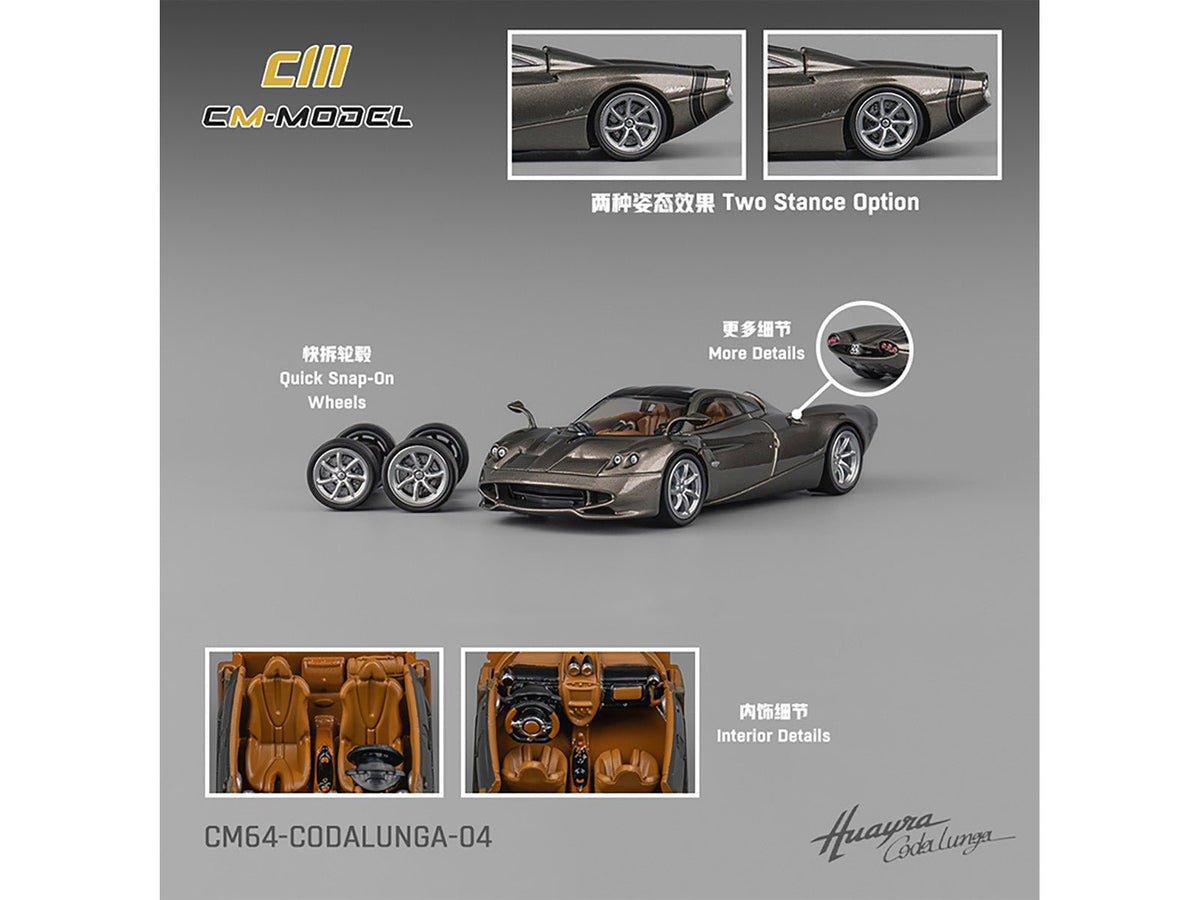 Pagani Huayra Codalunga Gun Metal Gray Metallic with Sunroof and Extra Wheels 1/64 Diecast Model Car by CM Model-CM Models-ModelCars.com