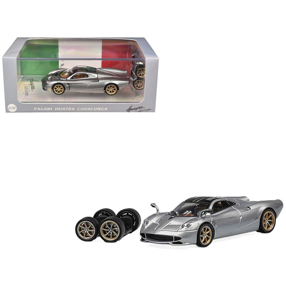 Pagani Huayra Codalunga Silver Metallic with Sunroof and Extra Wheels 1/64 Diecast Model Car by CM Model-CM Models-ModelCars.com