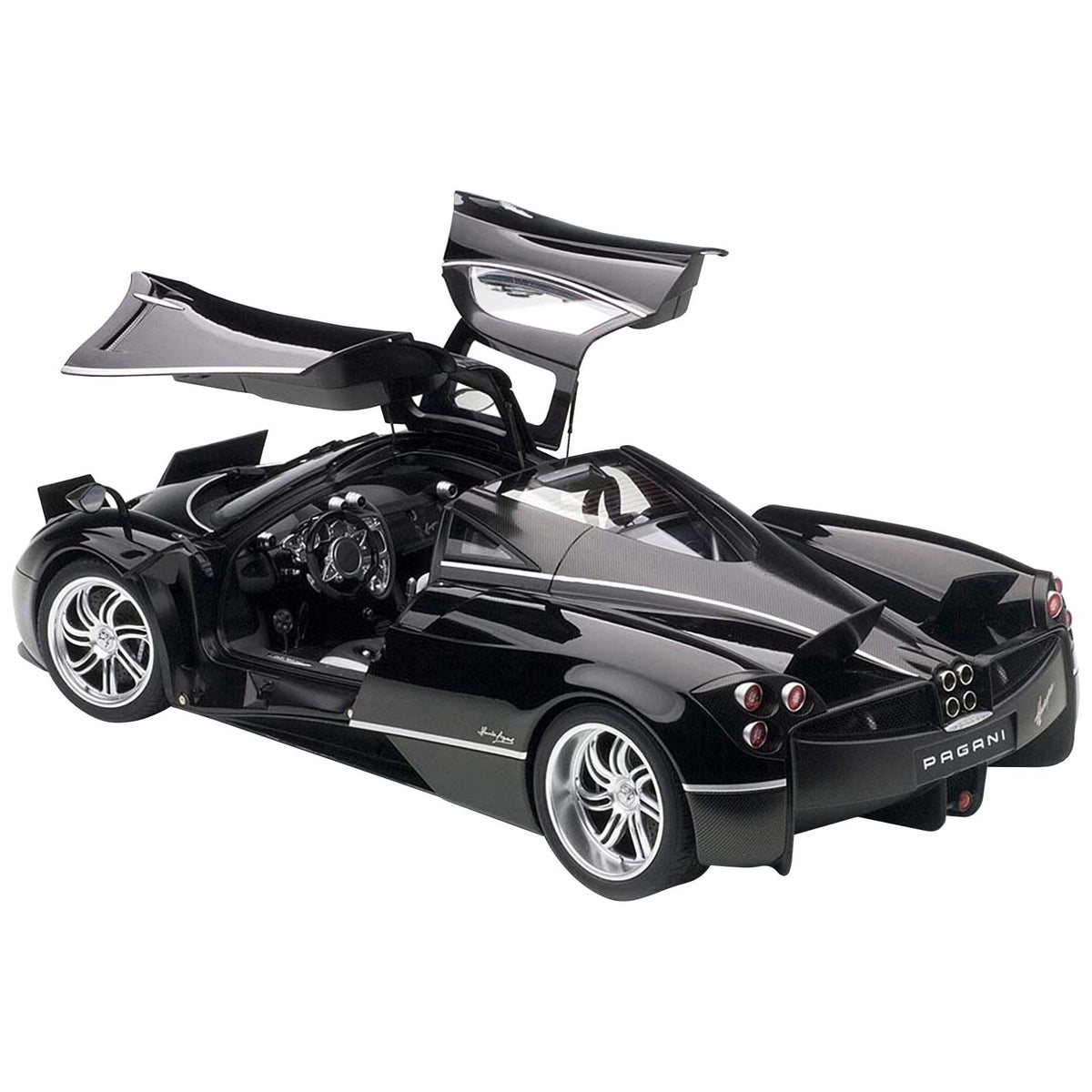 Pagani Huayra Gloss Black with Silver Stripes and Silver Wheels 1/12 Model Car by Autoart - Autoart - ModelCars.com