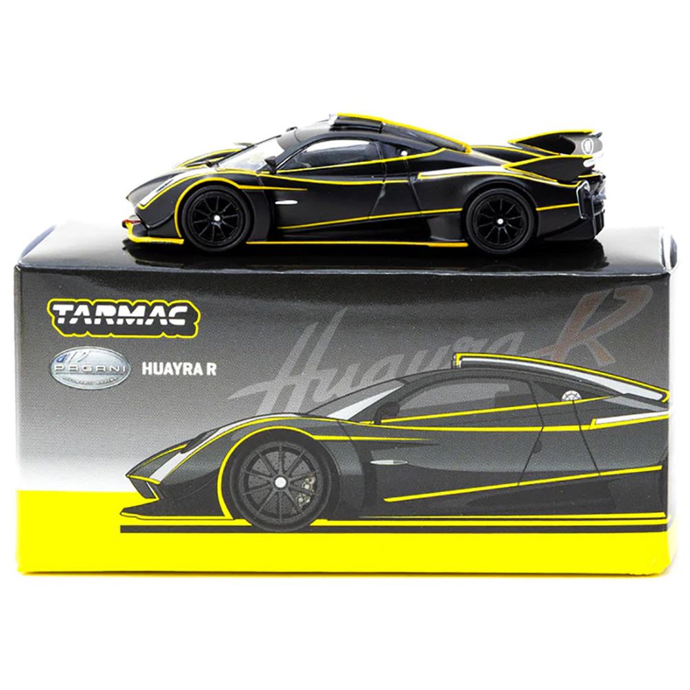 Pagani Huayra R Matt Black with Silver Accents and Yellow Stripes "Global64" Series 1/64 Diecast Model by Tarmac Works-Tarmac Works-ModelCars.com
