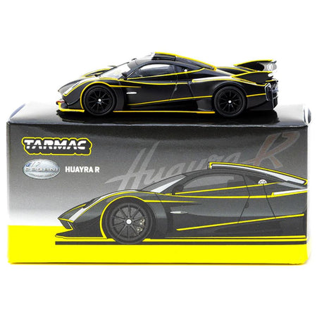 Pagani Huayra R Matt Black with Silver Accents and Yellow Stripes "Global64" Series 1/64 Diecast Model by Tarmac Works-Tarmac Works-ModelCars.com