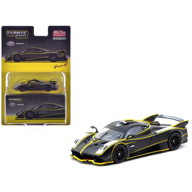 Pagani Huayra R Matt Black with Silver Accents and Yellow Stripes "Global64" Series 1/64 Diecast Model by Tarmac Works-Tarmac Works-ModelCars.com