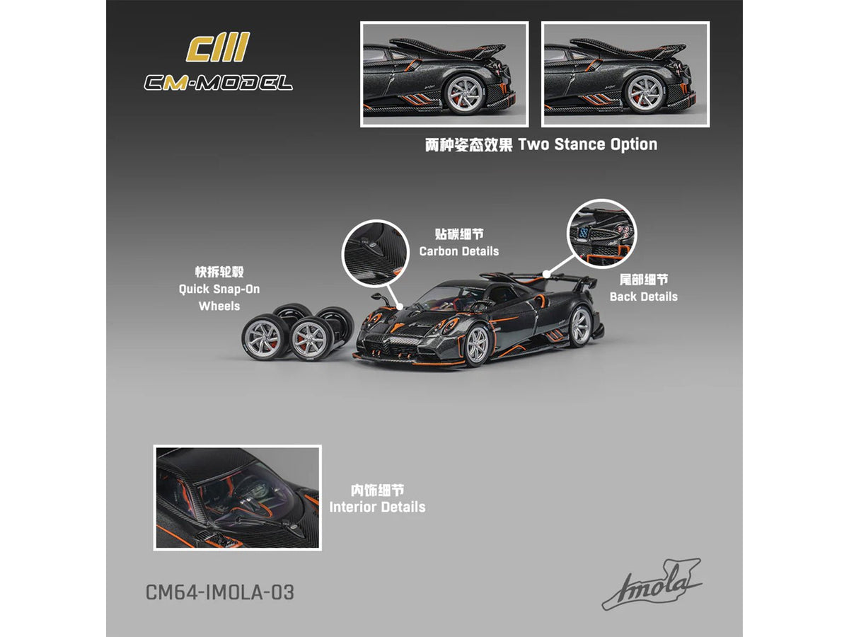 Pagani Imola Dark Gray Metallic with Carbon and Orange Accents with Extra Wheels 1/64 Diecast Model Car by CM Model-CM Models-ModelCars.com