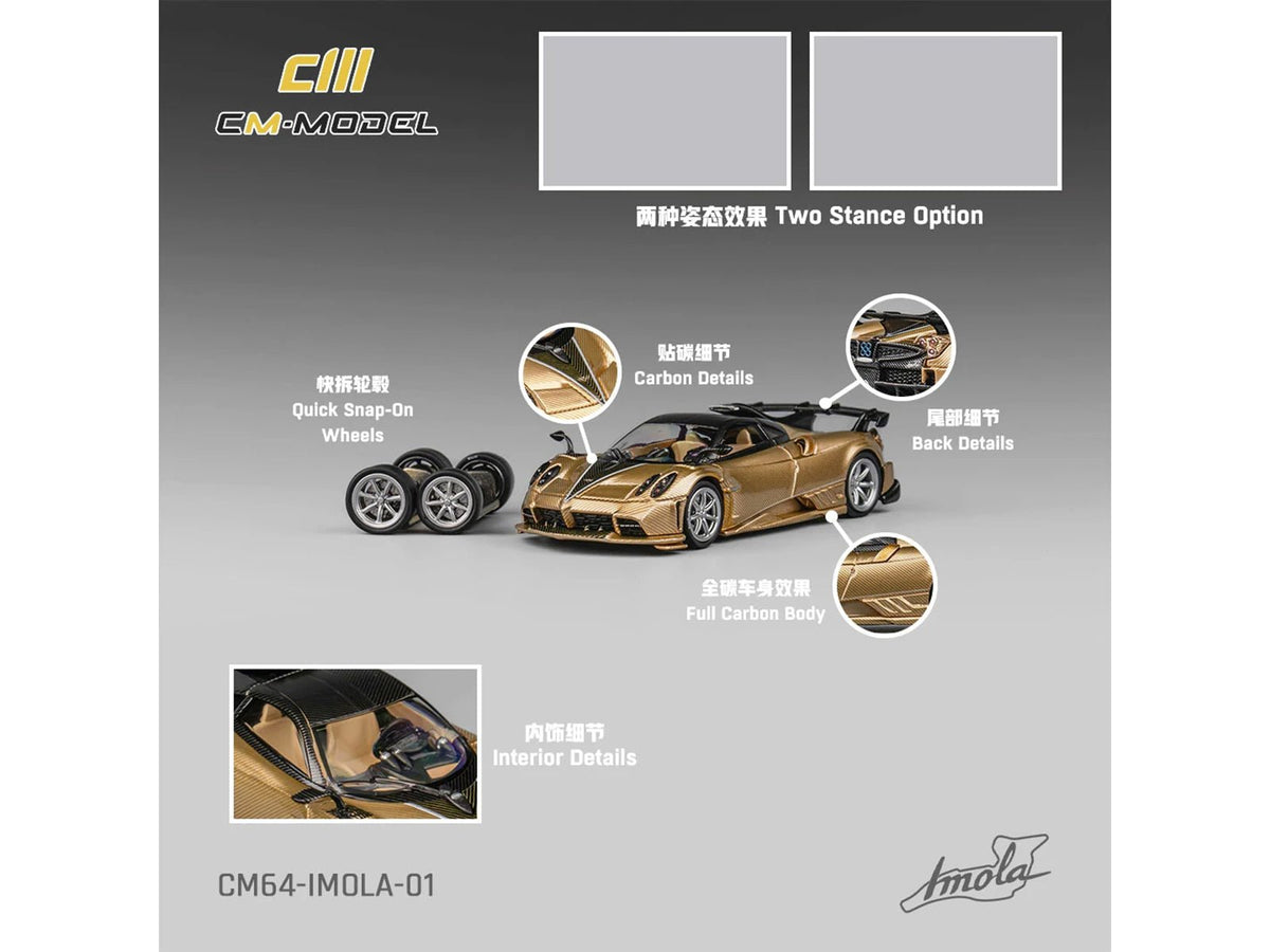 Pagani Imola Gold Carbon Metallic with Black Carbon Top with Extra Wheels 1/64 Diecast Model Car by CM Model-CM Models-ModelCars.com