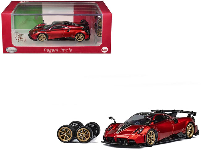 Pagani Imola Red Metallic with Carbon Top and Stripes with Extra Wheels 1/64 Diecast Model Car by CM Model-CM Models-ModelCars.com