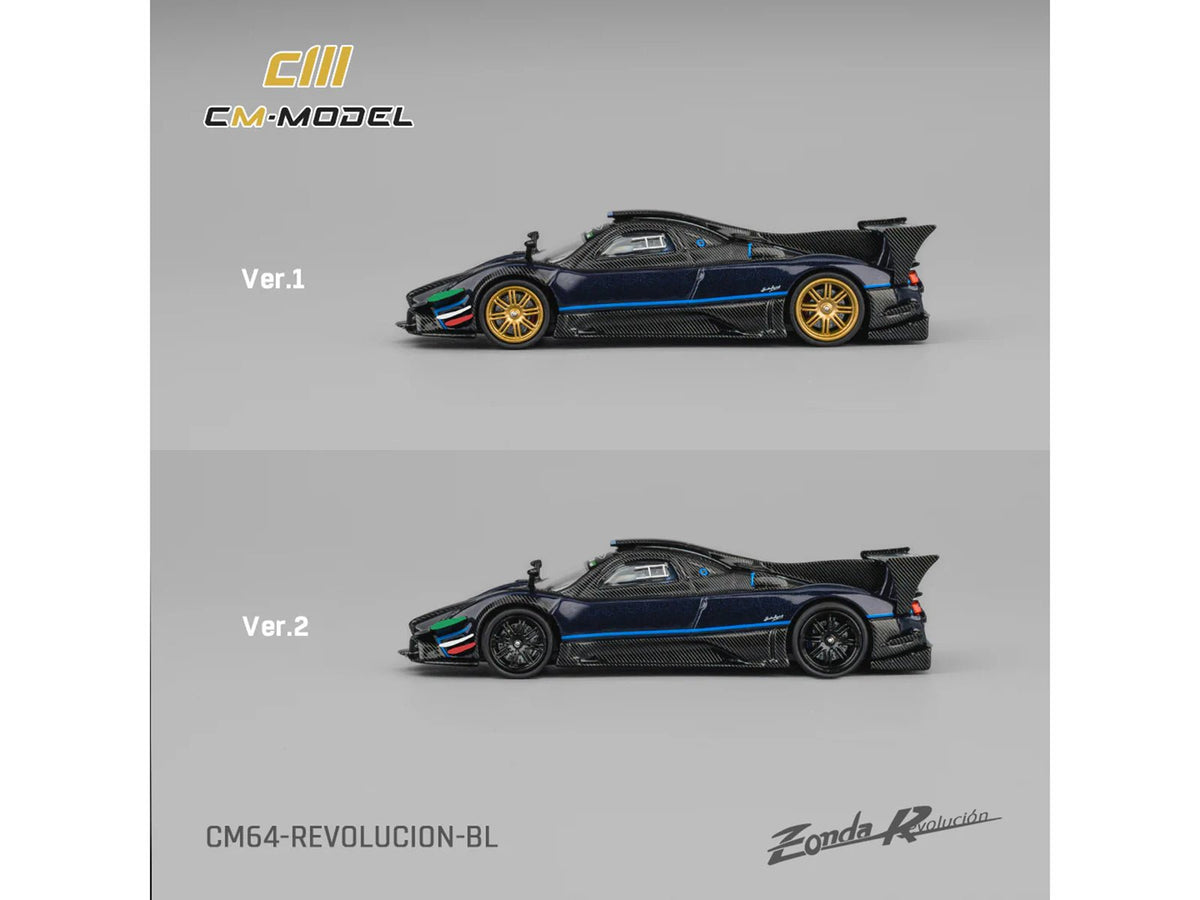 Pagani Zonda Revolucion Dark Blue Metallic and Carbon with Extra Wheels 1/64 Diecast Model Car by CM Model-CM Models-ModelCars.com