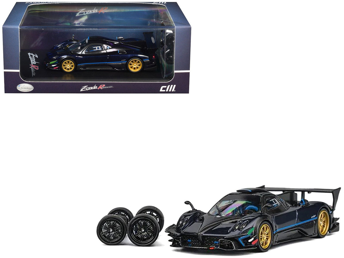 Pagani Zonda Revolucion Dark Blue Metallic and Carbon with Extra Wheels 1/64 Diecast Model Car by CM Model-CM Models-ModelCars.com