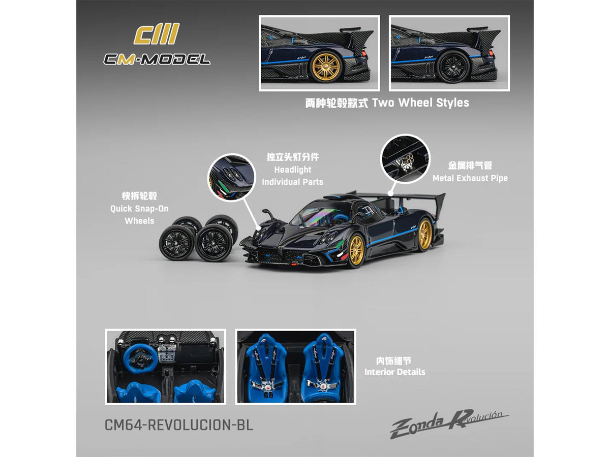 Pagani Zonda Revolucion Dark Blue Metallic and Carbon with Extra Wheels 1/64 Diecast Model Car by CM Model-CM Models-ModelCars.com